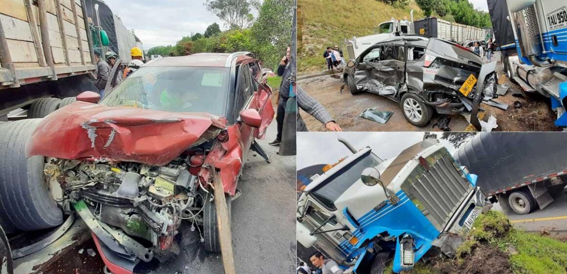 TRACTOCAMION SIN FRENOS GOLPEA NUEVE CARROS EN LA VIA BOGOTA -TUNJA.